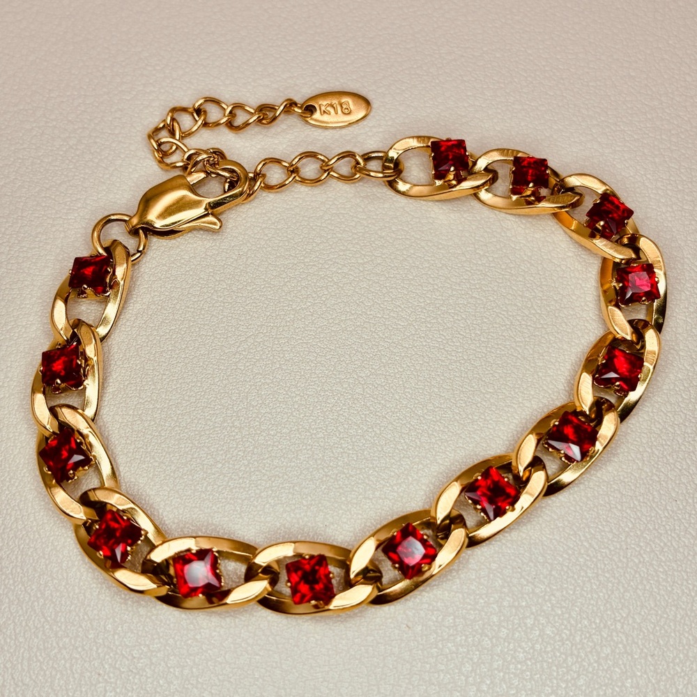 Gold Cuban Link Chain Chunky Bracelet with Red CZ Crystals Accents